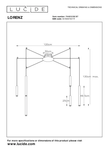 Lucide LORENZ - Hanglamp - Ø 120 cm - LED Dimb. - 6x4W 3000K - Roest bruin - technisch